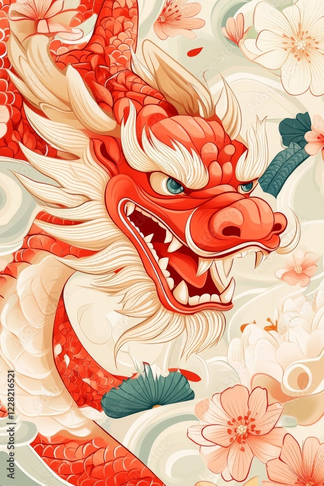 Obraz premium Fierce red dragon amidst delicate blossoms. A vibrant, detailed illustration.