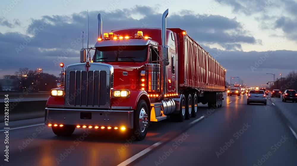 Majestic red truck navigating bustling highway at dusk with swift precision