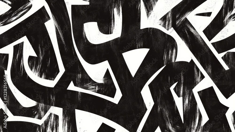 Artistic black and white graffiti design with dynamic patterns and shapes in an urban setting Artistic black and white graffiti design with dynamic patterns and shapes in an urban setting