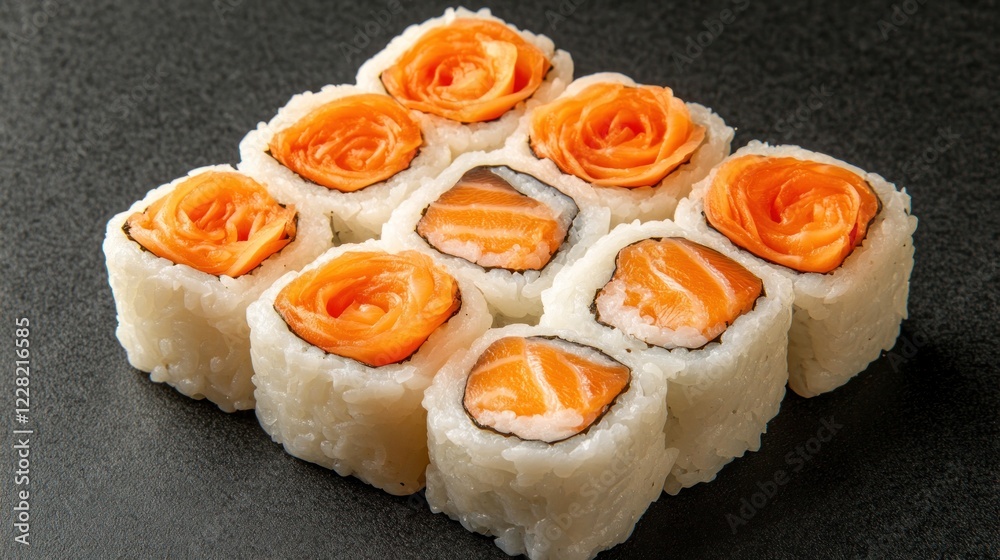 Nine pieces of salmon sushi arranged neatly Nine pieces of salmon sushi arranged neatly