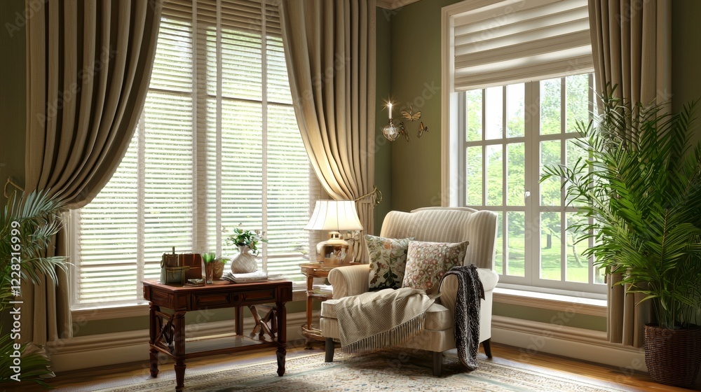 Fototapeta premium Cozy corner in a bright living room with natural light and elegant decor