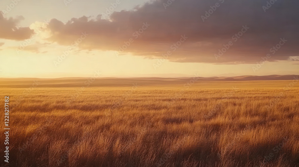 Golden Grasslands Sunset Landscape Under Cloudy Skies Golden Grasslands Sunset Landscape Under Cloudy Skies