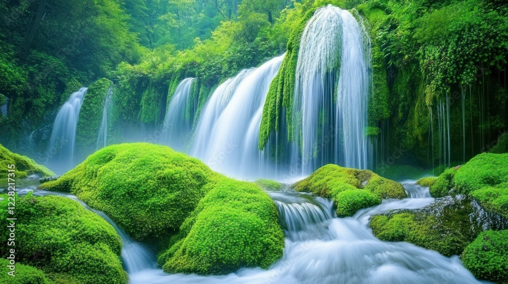 Obraz premium Lush green waterfall cascading over moss-covered rocks, misty forest background; nature scene