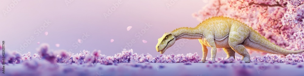 Fototapeta premium Gentle giant dinosaur among pink blossoms. Serene pastel scene.