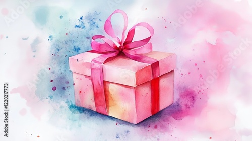 Brightly wrapped gift box with pink ribbon on colorful watercolor background