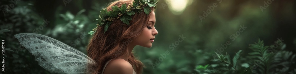 Naklejka premium Serene young woman with leaf crown and fairy wings in a lush forest. Mystical, ethereal beauty.