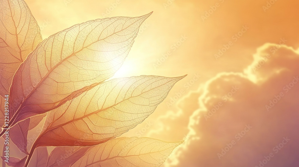 Fototapeta premium Translucent Leaves Silhouetted Against A Warm Sunset Sky