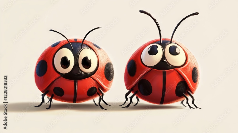 Two cartoon ladybugs with oversized eyes and bright red shells on a light background enjoying a whimsical moment together Two cartoon ladybugs with oversized eyes and bright red shells on a light background enjoying a whimsical moment together