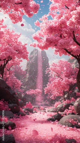 Dreamy Cherry Blossom Orchard in Full Spring Bloom with Falling Petals and Soft Pink Serenity