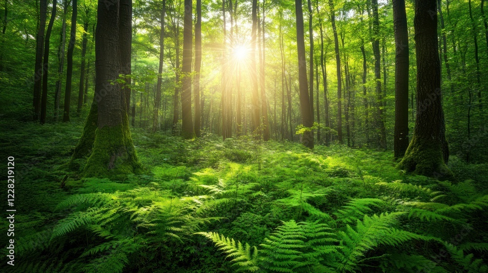 Naklejka premium Sunlit Forest Floor Lush Green Ferns and Trees