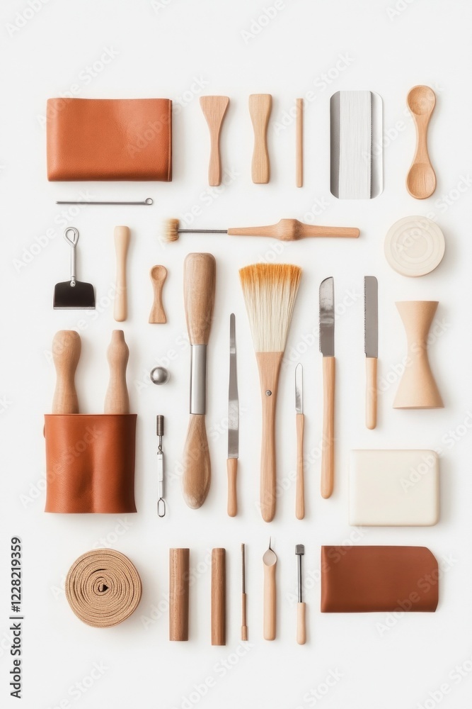 Artisanal tools neatly arranged on a white background. A collection of handcrafted instruments for meticulous work. Artisanal tools neatly arranged on a white background. A collection of handcrafted instruments for meticulous work.