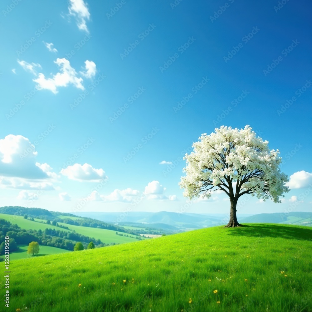 Solitary white blossomed tree on rolling hills, flower, rolling hills solo tree blossoms Solitary white blossomed tree on rolling hills, flower, rolling hills solo tree blossoms