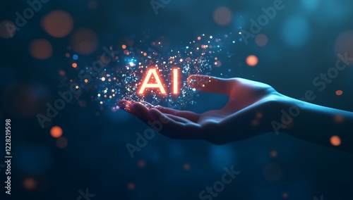 hand holding an AI hologram with the word 