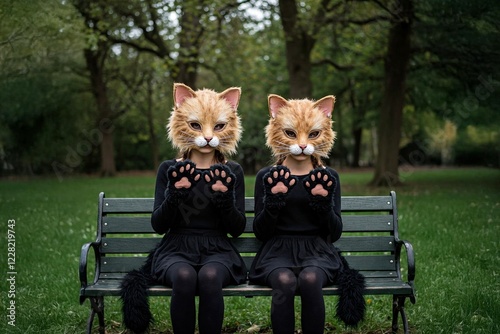 a portrait two teenage quadrober girls sitting on bench in park, fluffy ears paper carnival cat mask, fluffy cat tail behind , black clothes, mittens on their hands cat paws, dark grass, blurred trees photo