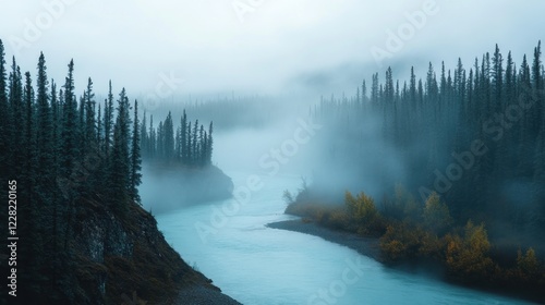 Misty River Winding Through a Coniferous Forest