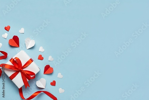 A flat lay composition on a pastel blue background with a white gift box tied with a red ribbon, red and white paper hearts scattered around, and a red ribbon swirling around the composition.