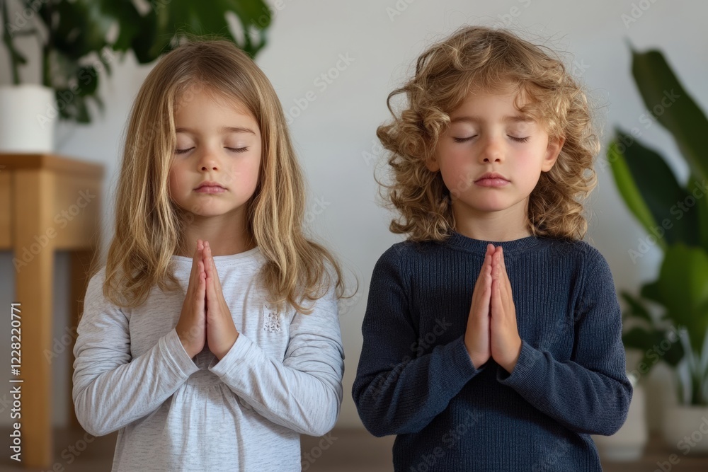 Two young siblings stand side by side with their eyes closed, hands pressed together in prayer. This peaceful moment captures their devotion in a cozy indoor space Two young siblings stand side by side with their eyes closed, hands pressed together in prayer. This peaceful moment captures their devotion in a cozy indoor space