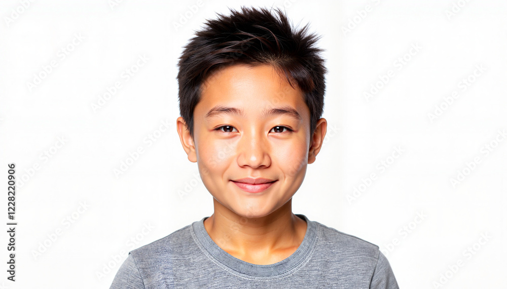 Smiling Asian boy with short black hair in a gray t-shirt isolated on white background Smiling Asian boy with short black hair in a gray t-shirt isolated on white background