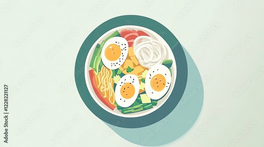 Fototapeta premium Colorful healthy bowl with egg, vegetables, and noodles, studio shot