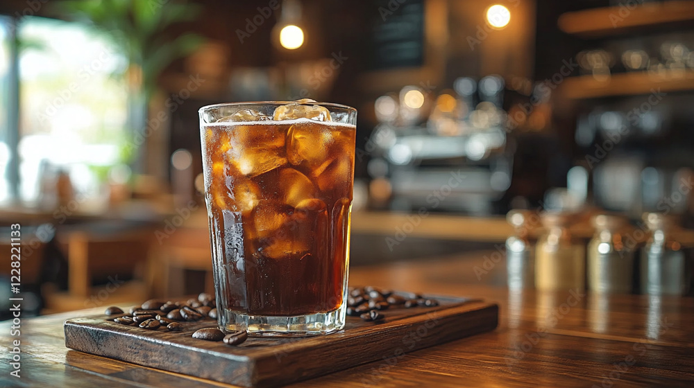 Iced Coffee Served in a Glass With Ice Cubes Against a Cozy Cafe Backdrop in the Afternoon Iced Coffee Served in a Glass With Ice Cubes Against a Cozy Cafe Backdrop in the Afternoon