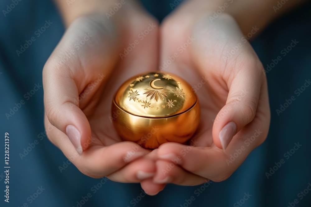 Delicate hands present a small, gleaming golden zakat box featuring intricate crescent and star engravings. This moment emphasizes the importance of charity and generosity