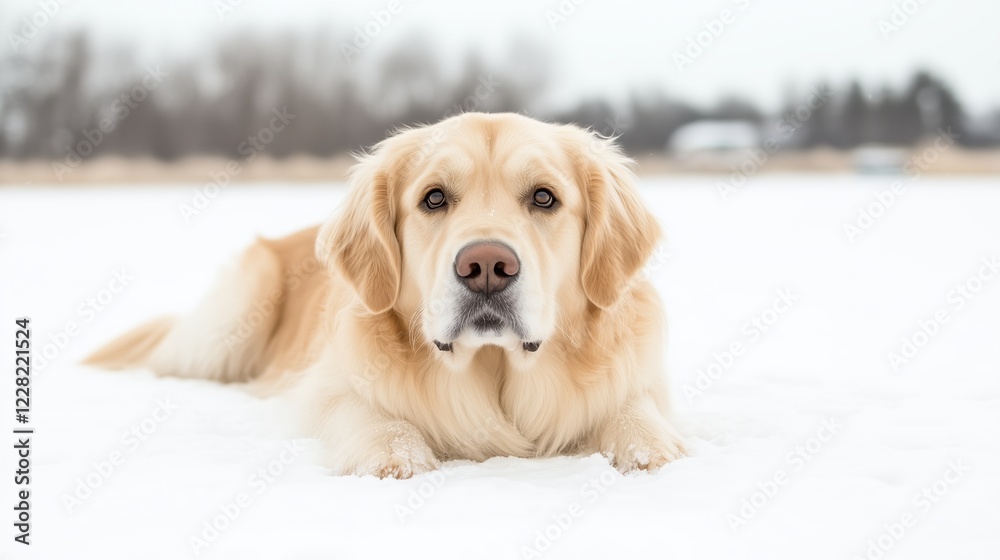 Golden retriever lying on snow-covered ground with blurred winter background. Companion and seasonal moment Golden retriever lying on snow-covered ground with blurred winter background. Companion and seasonal moment