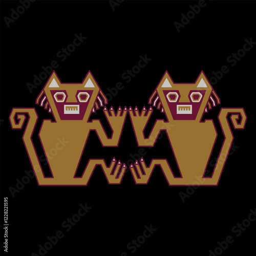 Symmetrical ethnic design with two stylized cats. Native American animal motif from ancient Peru. Nazca culture. On black background.