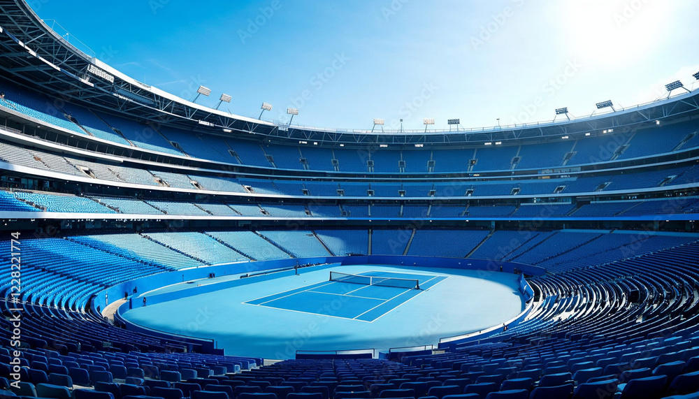 Fototapeta premium Empty tennis stadium under bright blue sky during daytime with court ready for play