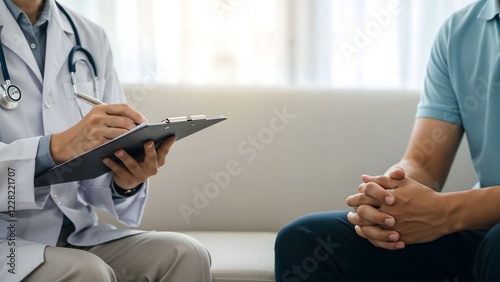 Healthcare professional Doctor with clipboard discussing health concerns with male patient in clinic, addressing medical issues or mental wellness during a diagnostic or counseling session for better 