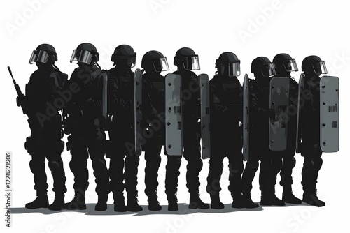 Group of riot police standing in formation during a crowd control situation photo