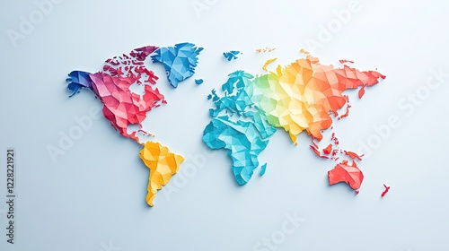 Colorful Low-Poly World Map on Light Background, Global Connectivity Concept