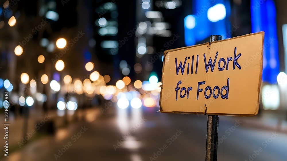 Fototapeta premium Sign reading Will Work for Food against blurred urban night background with bokeh lights and empty street, highlighting social issues and unemployment.