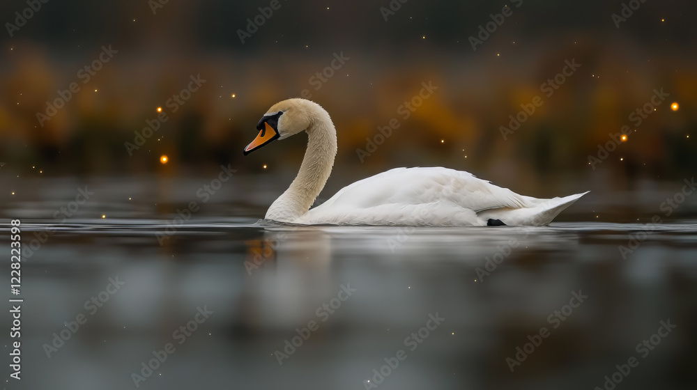 Fototapeta premium surreal, swan, swimming, galaxy, bird, water, lake, white, nature, animal, swans, pond, birds, river, 