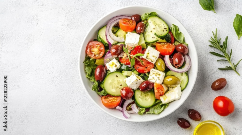 A fresh Greek salad with cucumbers, tomatoes, olives A fresh Greek salad with cucumbers, tomatoes, olives