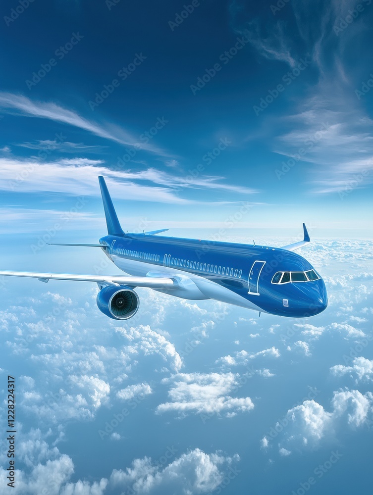 Obraz premium Blue airplane flying high above fluffy clouds in bright blue sky during daytime. Generative AI