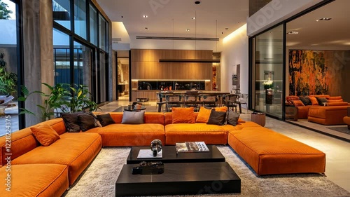 Modern living room with orange sofa and large windows transitioning from day to evening