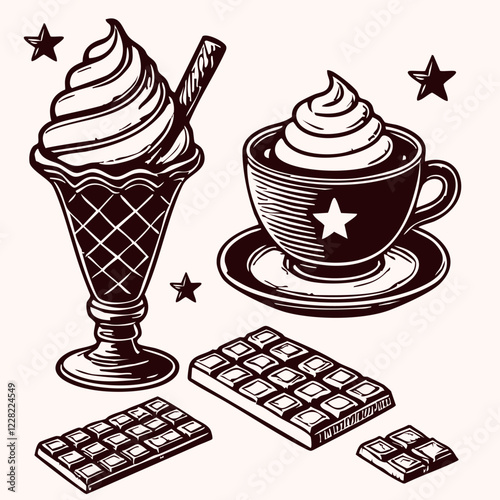 set milk shake, coffee and chocolate bars. vector illustration. Scratch board. elements for greeting cards, stickers, banners, and seasonal design. 