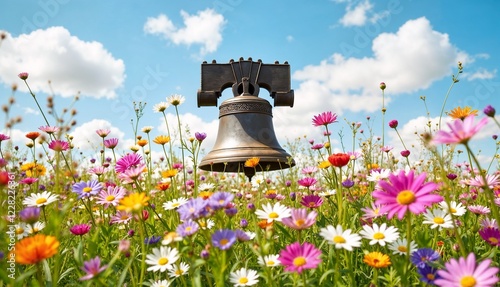 Bell among colorful wildflowers under blue sky photo