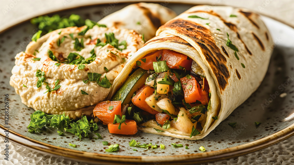 Colorful Grilled Vegetable and Hummus Wrap with Fresh Herbs and Chickpeas for a Nutritious Vegan Lunch Colorful Grilled Vegetable and Hummus Wrap with Fresh Herbs and Chickpeas for a Nutritious Vegan Lunch