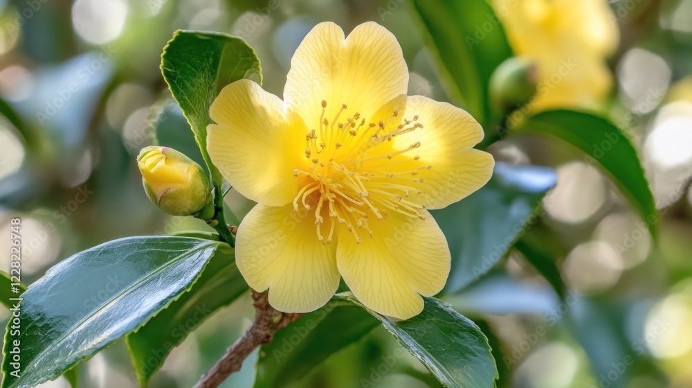 A Single Yellow Camellia Flower Blooms Beautifully A Single Yellow Camellia Flower Blooms Beautifully