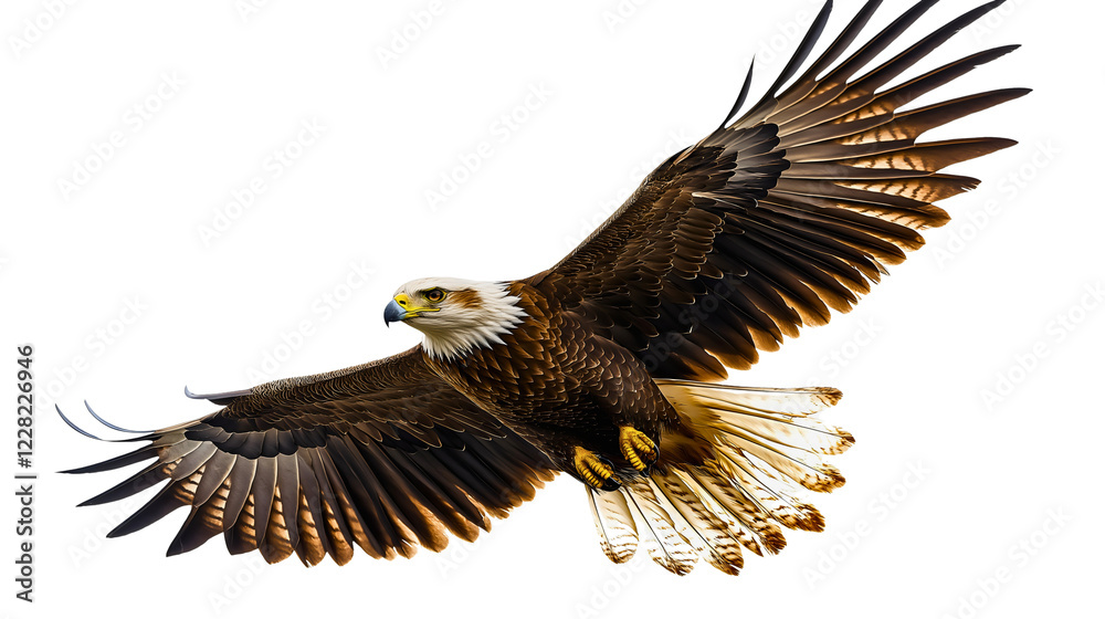 Fototapeta premium Majestic American Eagle Soaring in Flight with Detailed Feathers and Spread Wings