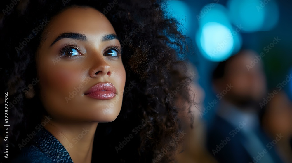 Fototapeta premium Young African American woman with natural curly hair looking up thoughtfully against blurred blue bokeh background at evening social event or celebration.
