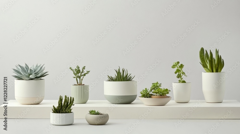 Modern Succulents and Plants in Stylish Pots on a Shelf Modern Succulents and Plants in Stylish Pots on a Shelf