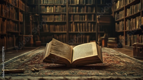 Open Antique Book In A Grand Old Library
