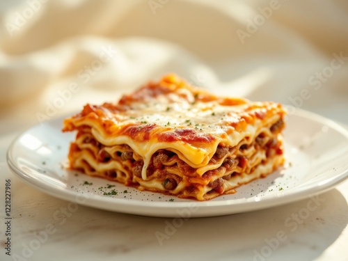 Close-up of a delicious homemade lasagna on a white plate under soft natural light