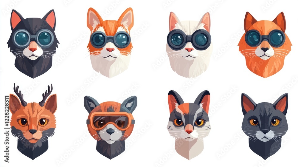 Stylized Animal Representations: A Unique Collection of Pets with Goggles and Distinctive Features