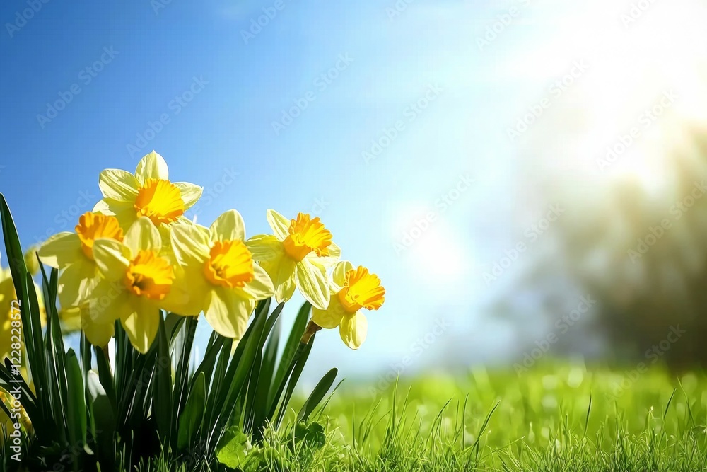 Bunch of yellow flowers are in a field with a blue sky in the background Bunch of yellow flowers are in a field with a blue sky in the background