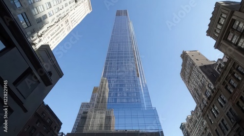 Modern Skyscraper Towering Over Older Buildings
