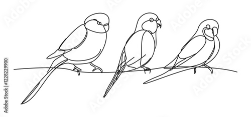 Gentle birds perching calmly on a branch, drawn in one continuous line. The drawing captures the essence of spring, when life awakens in quiet harmony.
