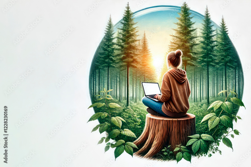 Fototapeta premium A girl with a laptop is sitting on a stump in the forest. Space for text.